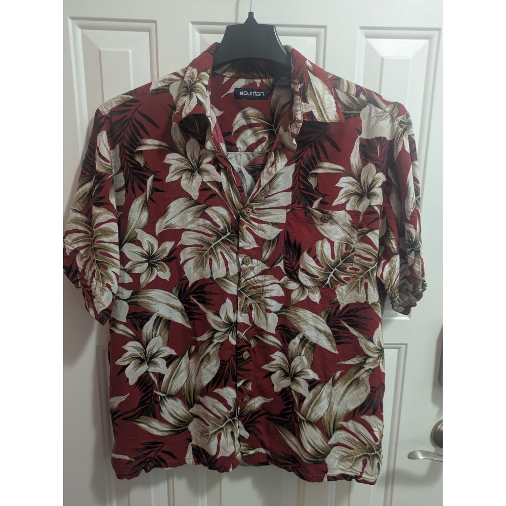 Puritan Mens Red Floral Tropical Hawaiian Shirt Short Sleeve Viscose Rayon Med